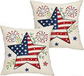 4th of July Patriotic Star Independence Day Throw Pillow Covers, Linen, 18x18 Inch, Set of 2, Farmhouse Style, Multicolor
