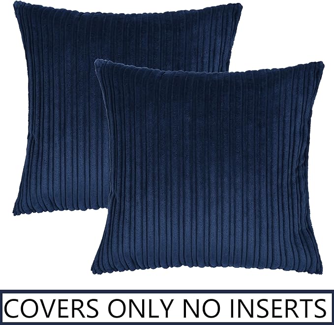 UGASA Striped Textured Velvet Corduroy Decorative Europe Sham Throw Pillow Cushion Cover for Couch, 2 Packs, (61x61 cm, 24inch), Navy Blue
