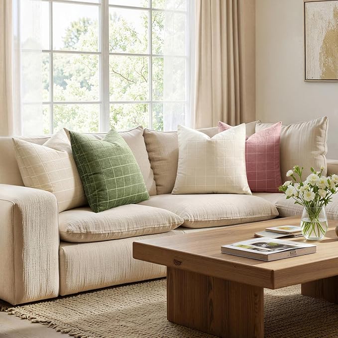 MIULEE Decorative Chenille Check Throw Pillow Covers Vintage Plaid Couch Pillows 18x18 Inch Set of 2 Neutral Boho Farmhouse Cushion Covers Modern Spring Decor for Sofa Bed Living Room Sage Green