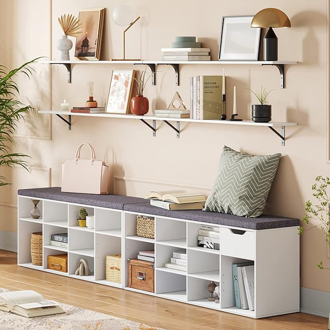 DINZI LVJ Long Wall Shelves, 39.4Inch Wall Mounted Shelves Set of 2, Easy-to-Install, Wall Storage Ledges with Sturdy Metal Brackets for Living Room, Bathroom, Bedroom, Kitchen, White