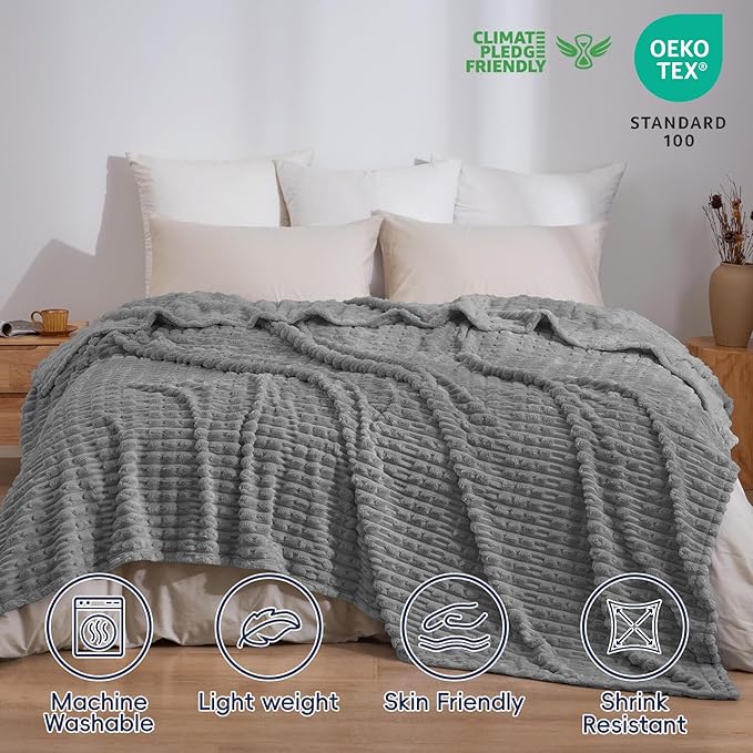 PHF Ultra Soft Flannel Fleece Blanket Queen Size, Lightweight 3D Jacquard Fleece Blanket, No Shedding, No Pilling, Luxury 340GSM Aesthetic Fluffy Cozy for Bed Room Decor, 90"x90", Frost Gray