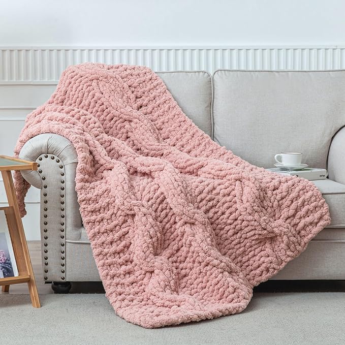WESHIONGOO Chunky Knit Blanket Throw 50"×60" Knitted Throw Blankets for Couch Bed Fluffy Soft Blanket with Jumbo Chenille Yarn Thick 100% Handmade(Pink)