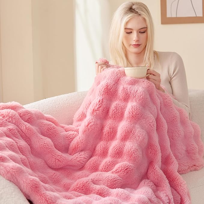 EXQ Home Fluffy Faux Rabbit Fur Throw Blanket for Couch, Soft Luxury Bubble Double Sided Plush Blanket, Cozy Thick Warm Fuzzy Decorative Blanket for Bed Chair Sofa Living Room,50"X60"(Dark Pink)