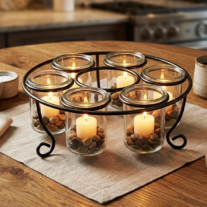 Metal 6-Cup 11.75" Round Floating Candle Holder Table Centerpiece with Large Glass Cups for Weddings, Outdoor Patio, Dining Room, and Coffee Tables, Black with Brushed Gold