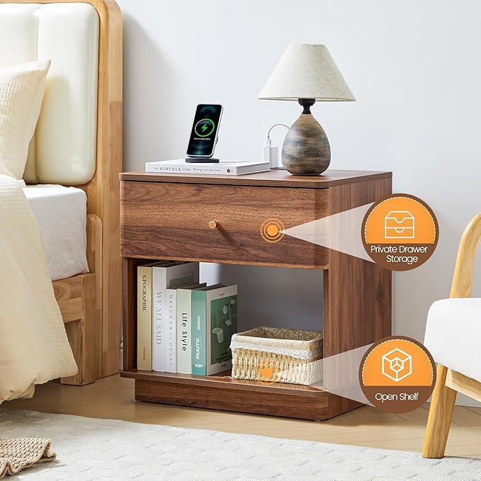 Modern Night Stand with Charging Station for Bedroom, Nightstand Bedside Table with Drawer and Storage Shelf for Bedroom (Walnut-Charging Station-1 pc)