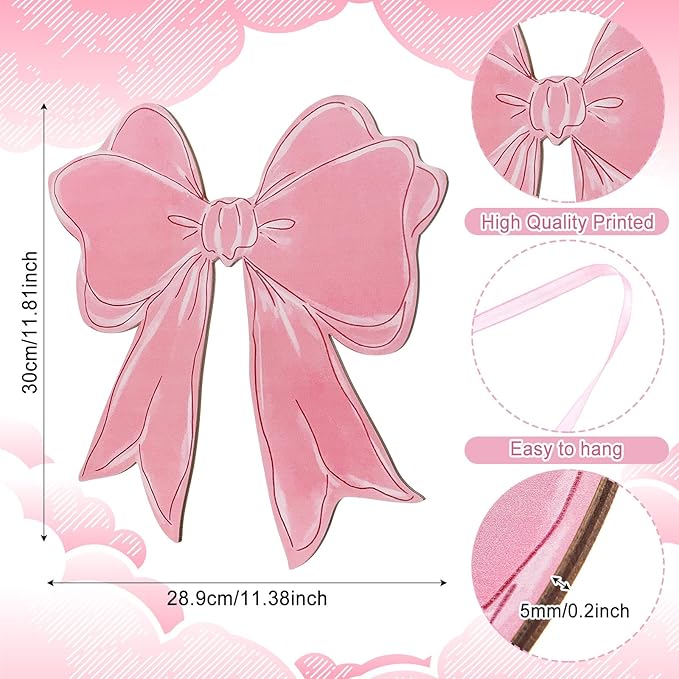 RattanView Pink Bow Wooden Hanging Sign Coquette Bow Wall Hanging Hanger Cute Preppy Wall Art Bowknot Welcome Door Sign Girly Decor for Girls Room College Dorm Apartment Indoor Outdoor Porch
