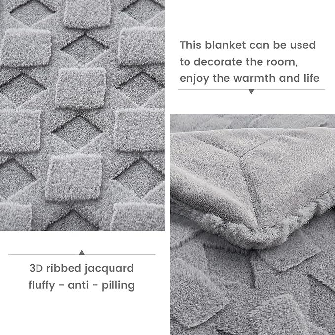 Cozy Bliss Faux Fur Textured Throw Blanket for Couch Super Soft Fuzzy Checkered Bed Blanket Gift for Women Premium 3D Geom Jacquard All Season Use Grey 50"*60"