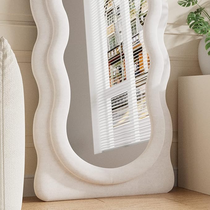 Full Length Mirror, 63"x24" Wavy Floor Mirror, Arched Standing Mirrors Full Length, Cloud Shaped Flannel Wall Mirror, Dressing Body Mirrors Hanging or Leaning Against Wall for Bedroom (White)