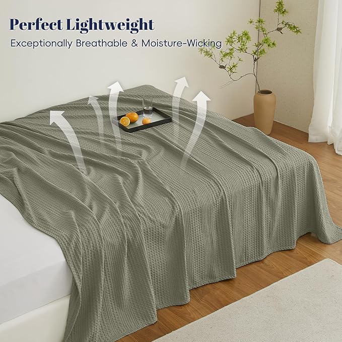 PHF Lightweight Waffle Weave Blanket Queen Size, Breathable & Ultra Soft, 90"x 90" Soft & Cozy Thin Blanket for All Season & Hot Sleepers, Bed, Home Decor - Dusty Sage