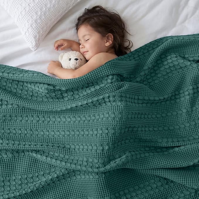 PHF 100% Cotton Waffle Weave Blanket Twin Size for Bed, Soft Lightweight & Breathable for Spring and Summer, All-Season Comfort, Luxury Aesthetic Blanket for Home Decor, 66"x90", Teal