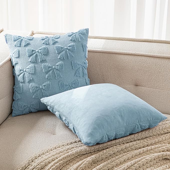 MIULEE Blue Bow Pillow Covers Coquette Room Decor Aesthetic Set of 2 Spring Decorative Cute Girl Soft Plush Faux Pillowcase for Preppy Room Decor Bedroom Couch,20x20 Inch