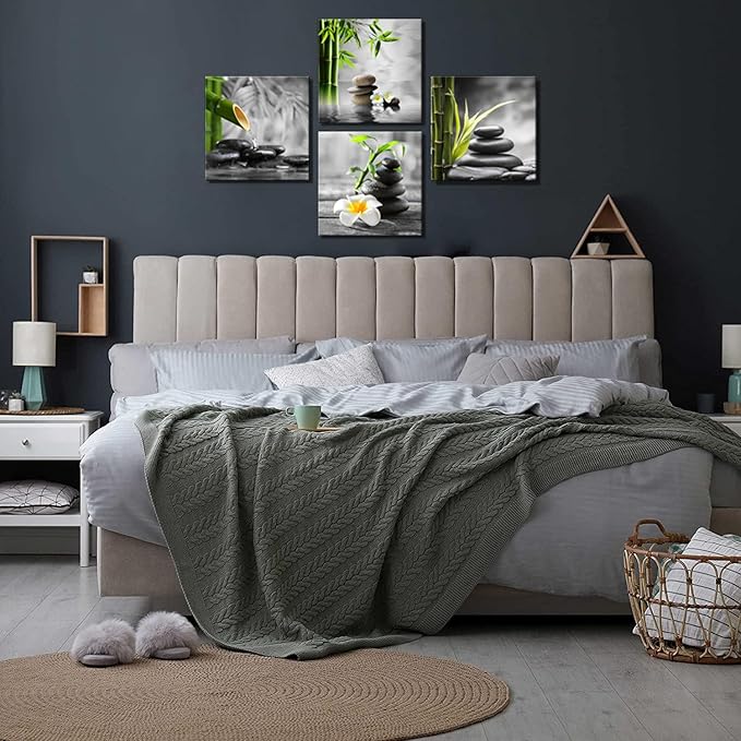 Bamdeya Zen Bathroom Decor Black and White Wall Art Grey Green Room Decor Stone Bamboo Pictures Canvas Meditation Posters Prints Artwork Bedroom Wall Decor Living Room Kitchen Decorations