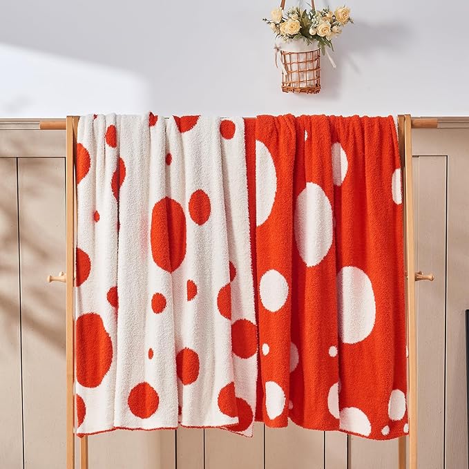 CozeCube Super Soft Fullfy Microfiber Reversible Knitted Blankets, Warm Cozy Fuzzy Plush Throw, Orange red and White Polka Dot Throw Blanket for Couch Bed Sofa, 50" x 60"