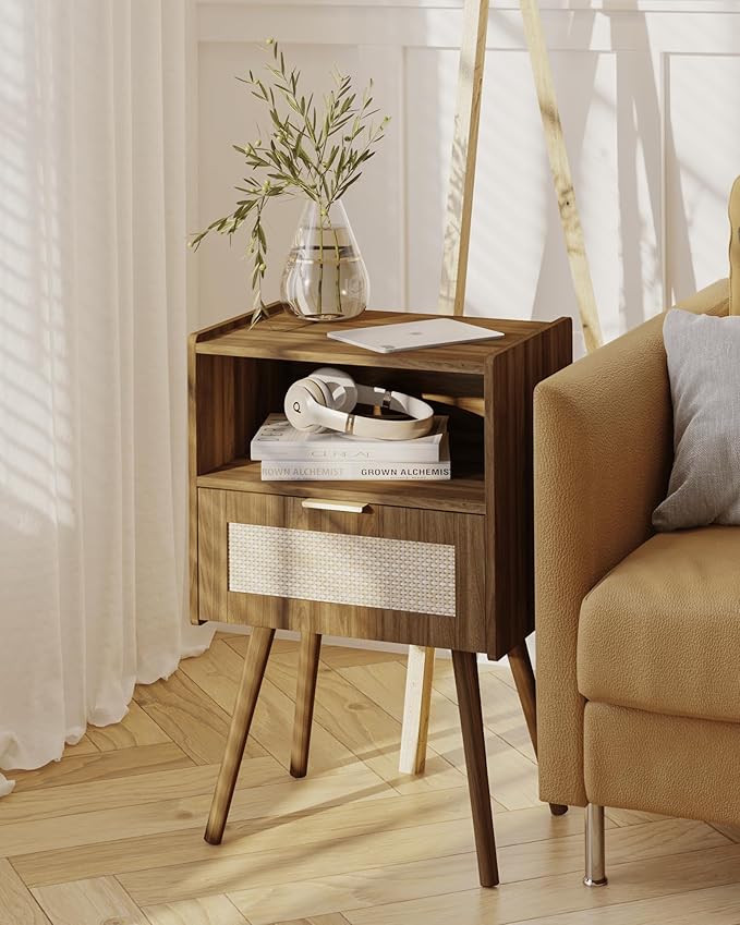 Nightstand,Modern Bedside Table with Storage Drawer and Open Wood Shelf, Accent Night Stand with Solid Wood Legs for Living Room, Bedroom and Small Spaces,Easy Assembly (Walnut Brown-Rattan)