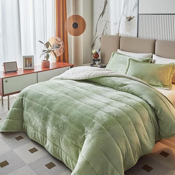 3-Layer Luxury Flannel Fleece Thick Bed Blanket Twin Size, Soft Plush Velvet Sherpa Blanket with 2 Pillow Shams Heavy Warm for Winter, Breathable n Washable, Mint Green
