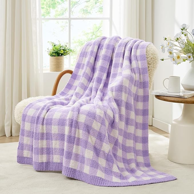 Snuggle Sac Checkered Throw Blanket for Couch, Super Soft Cozy Warm Knit Netural Decorative Fluffy Blankets, Reversible Buffalo Plaid Microfiber Throws for Sofa Bed, Plaid Purple, 50x60 Inches