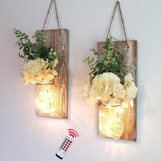 Besuerte Rustic Wall Decor Set of 2, Modern Farmhouse Decor Living Room for Home Living Room Bedroom Decorations with Rose Bouquet Flowers and Remote LED Fairy Lights (X-Large Brown)