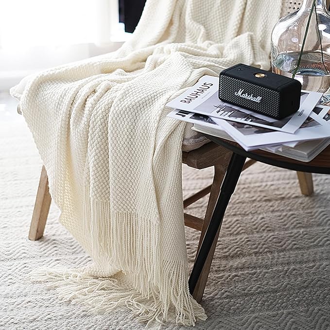 LOMAO Knitted Throw Blanket with Tassels Bubble Textured Lightweight Throws for Couch Cover Home Decor (Cream, 60x80)