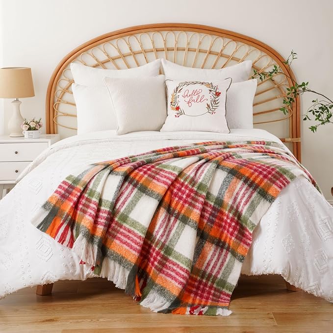 BATTILO Christmas Red Plaid Throw Blanket for Couch Bed, Soft Mohair Tartan Plaid Blanket, Farmhouse Style Checkered Pattern, Red Green Throw Blankets for Home Decor(50"x60")