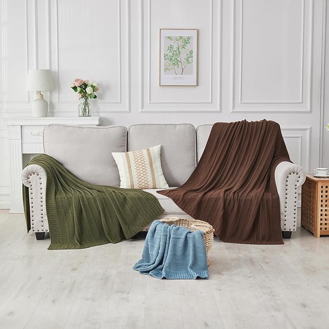 Douceur Blue Throw Blanket for Couch, Soft Cozy Lightweight Stripe Pattern Knitted Throw Blanket for Sofa, Living Room Gift, 50"X60"