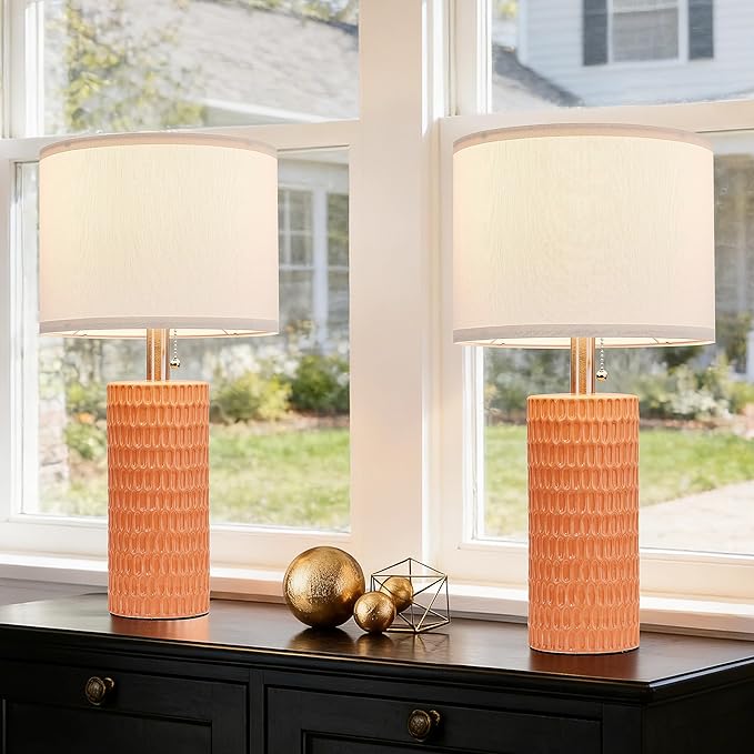 Table Lamps for Living Room Set of 2, Ceramic Table Lamps for Bedroom, 20" Modern Lamps for Night Stands, Orange