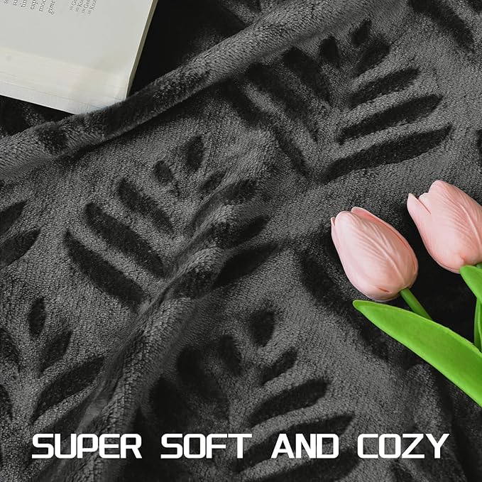 Exclusivo Mezcla Queen Size Fleece Blanket for Bed, Super Soft and Cozy Blankets All Season Use, Leaves Pattern, Plush Fuzzy Lightweight, Dark Grey, 90x90 Inch