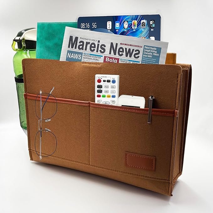 Bedside Caddy,Felt Bedside Storage Organizer, Hanging Storage for Dorm Bed Sofa for tablet Magazine Phone Remotes Water Bottle Holder (Khaki)