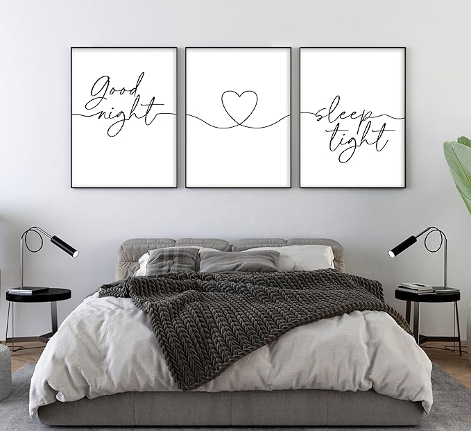 3Pcs Minimalist Style Wall Art Bedtime Quotes Painting Picture Wall Decor Good Night Sleep Well Black Line Art Heart Shape and Phrase Poster Print Artwork for Living Room Bedroom Home Decoratio