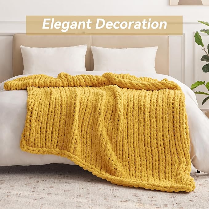 Chunky Knit Throw Blanket, 80''*90'' Knitted Throw Chenille Yarn for Bed Couch, Handmade Yellow Crochet Big Thick Blanket, Machine Washable Cute Comfy Blanket for Home Decor