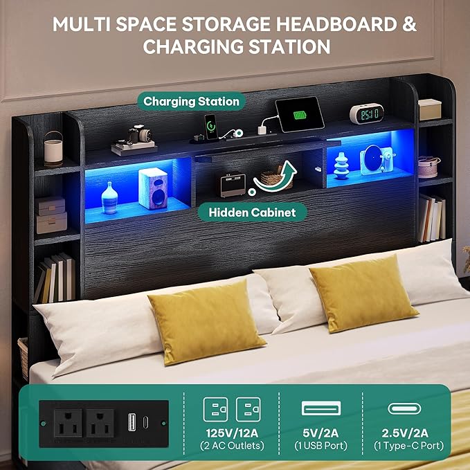DWVO King Size Bed Frame with Bookcase Headboard and 4 Storage Drawers, RGB LED Bed Frame with Type-C & USB Charging Station Storage Headboard Beds, No Box Spring Needed, Noise Free, Black
