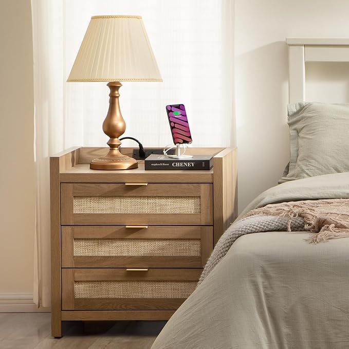SICOTAS Larger Rattan Night Stand - Tall Nightstands with Type-C Charging Station, 3 Rattan Drawers, Boho Bedside Table End Table with Storage for Bedroom Sofa Couch Office - Oak