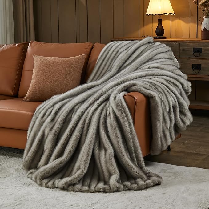 NEWCOSPLAY Faux Fur Throw Blanket Grey Luxury Fluffy Thick Warm Blanket for Couch Sofa Bed 1000GSM (Stripe Grey Thick, Throw(50"x60"))