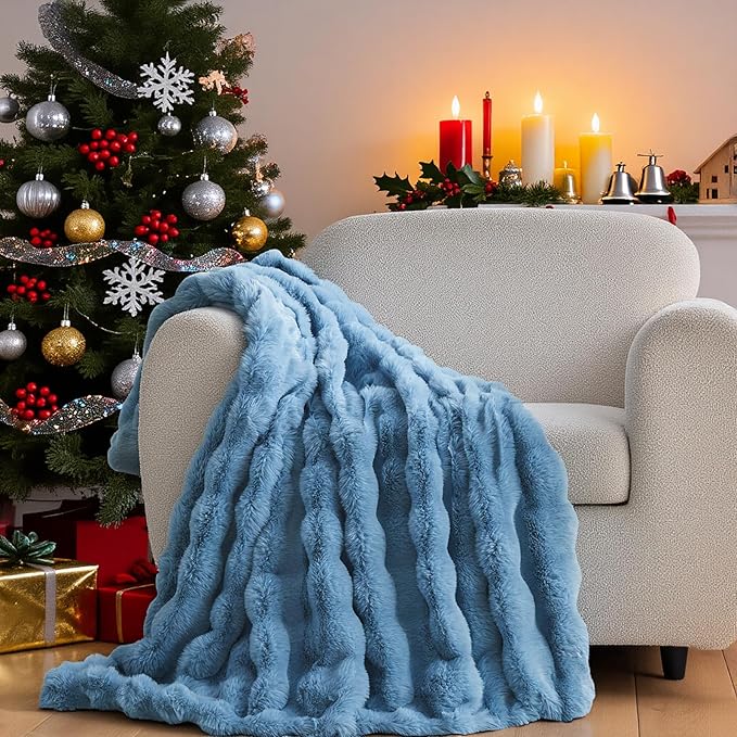 Lotus Karen Faux Fur Throw Blanket Sky Blue - Big Bubble Rabbit Fluff Blanket for Couch Bed Sofa,Softest Fluffy Fuzzy Cozy Blanket,Thick Furry Plush Shaggy Warm Blankets for Women,90x90 Inches