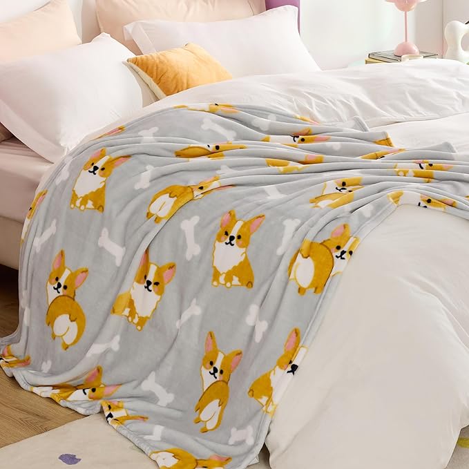 Bedsure Cute Dog Blanket for Kids as Birthday Gifts - Corgi Gifts for Corgi Lovers Girls Boys Women Teens, GentleSoft Cozy Home Decor Animal Pattern Blankets for Couch Sofa Bed Camping, Grey, 50x60