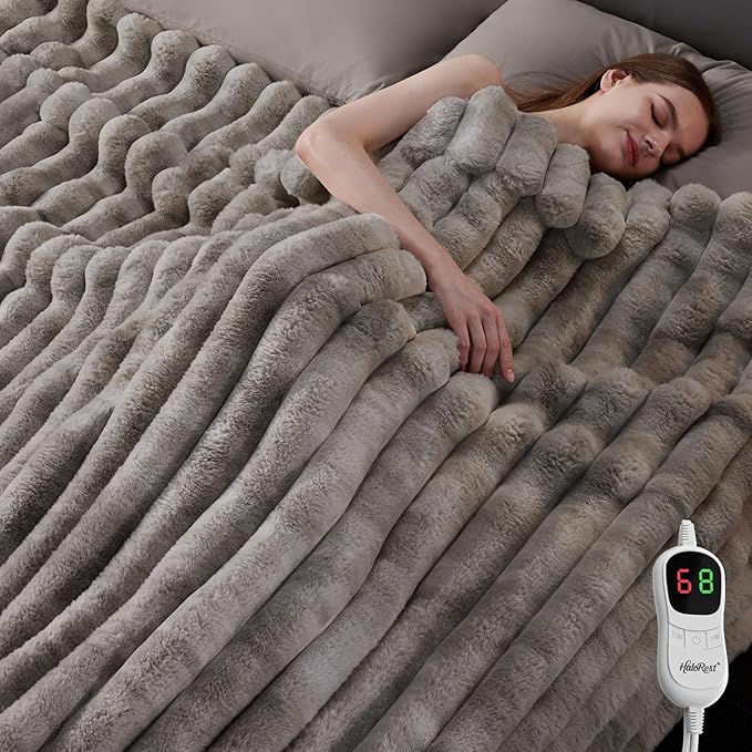 Heated Throw Blanket, Faux Fur Cozy Heating Blanket with Overheat Protection, 1/2/4/6/8 Hours Auto-Off 10 Heat Level, Machine Washable (72x84 I Inches, Tie-Dye Light Grey)