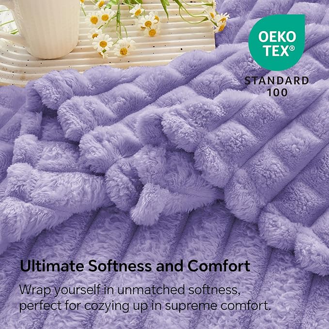 BEDELITE Lavender Throw Blanket Twin Size for Bed- Super Soft and Warm 3D Checkered Fluffy Fuzzy Fleece Blanket, Luxurious Plush Cozy Blanket for Room Decor Fall and Winter, 60x80 inches