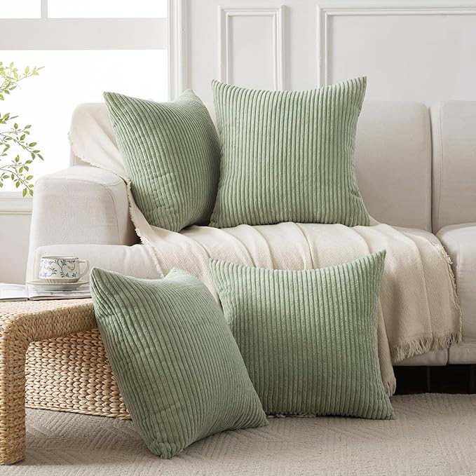 Volcanics Set of 4 Sage Green Corduroy Decorative Couch Throw Pillow Covers 18x18 Inch, Western Modern Farmhouse Striped Cushion Cases, Soft Boho Square Accent Pillow Covers for Home Sofa