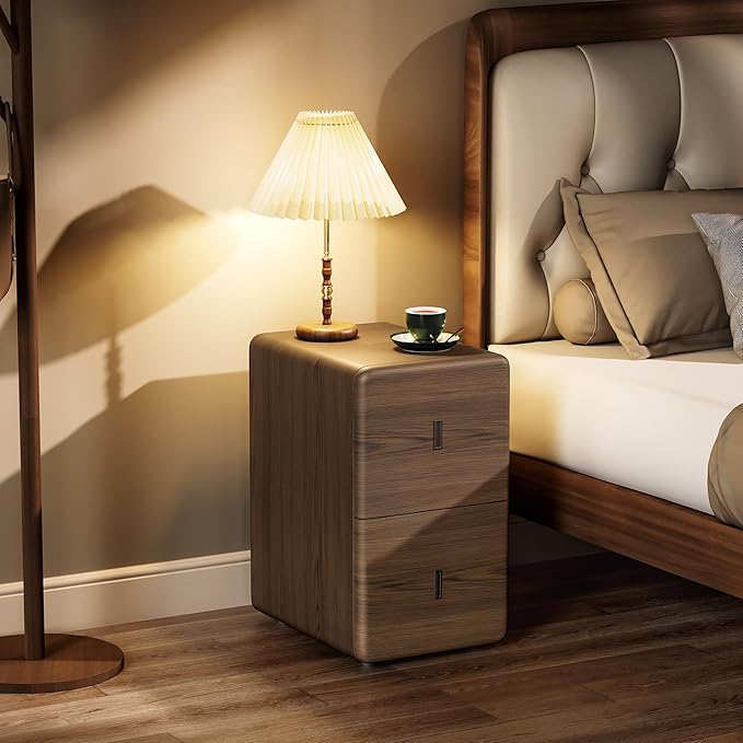 VICITON Narrow Nightstand with Drawers, Faux Leather Bedside Table, Solid Wood Drawer, Small Side Table for Bedroom (Leather Grey Poplar, 11.8" x 15.7" x 19.7")
