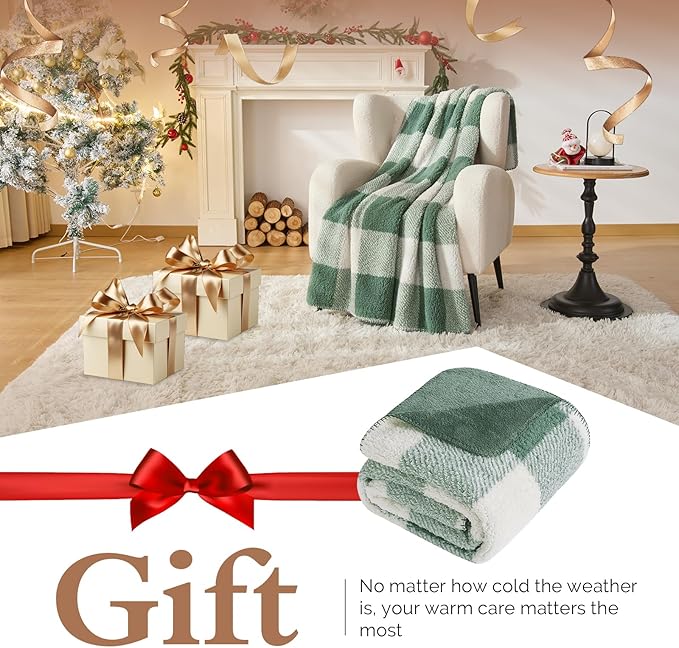 LURKA Checkered Sherpa Fleece Throw Blanket – Soft and Cozy, Medium Weight for All Season, Plush Throw for Couch, Bed & Pets, Sage, 50x60 Inches