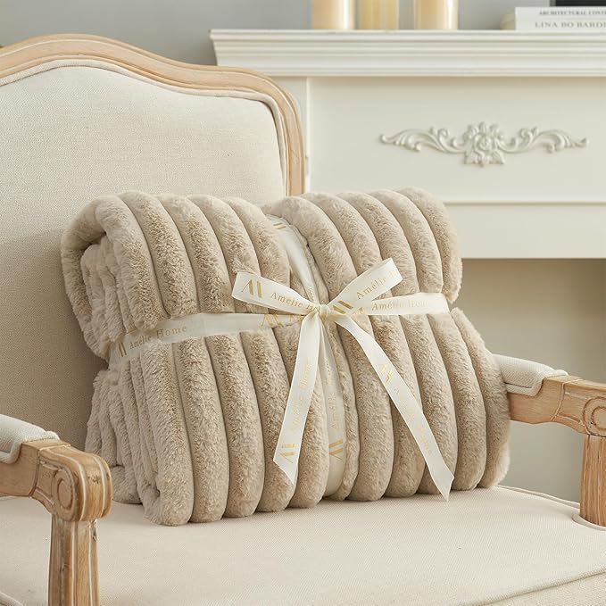 Amélie Home Faux Fur Throw Blanket for Couch, Cozy Fuzzy Fluffy Fur Luxurious Soft Striped Plush Gift Blankets for Family Sofa Chair, 60"x80", Beige