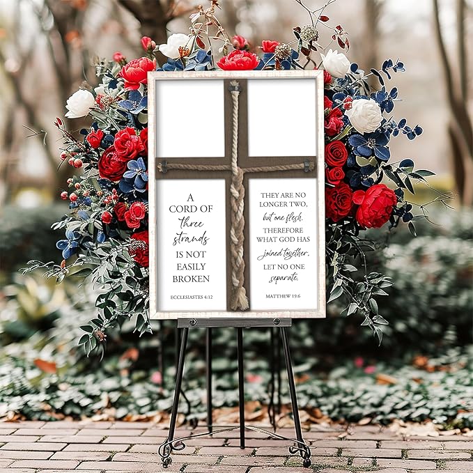 YWJKWLGS A Cord of Three Strands Wedding Ceremony Sign 22x16 Inch Anniversary Unity Knot Cross Christian Marriage Prayer Art Ideas Braid Rope Wall Decor for Couple Religious Wood Framed (White)