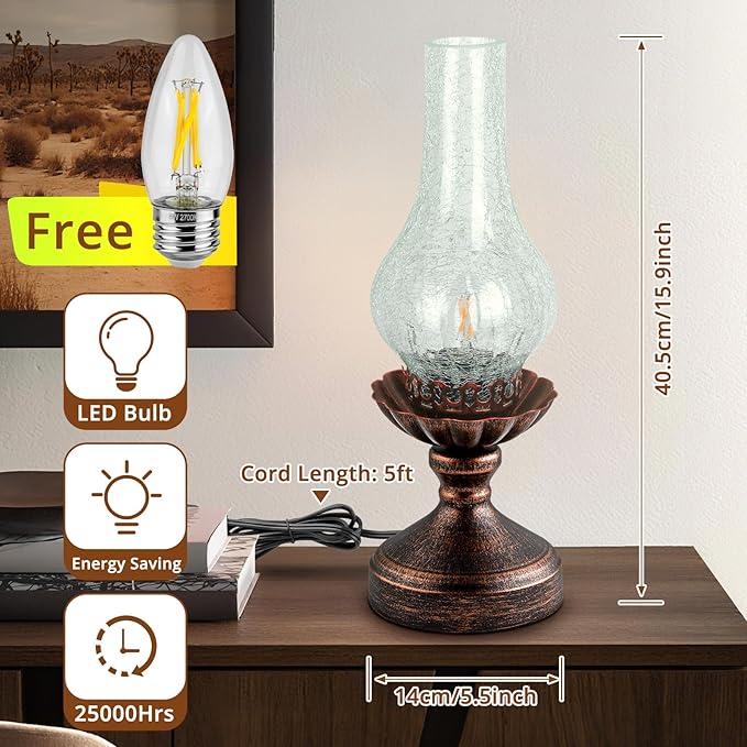 Vintage Table Lamp | Touch Control & 3-Way Dimmable Rustic Retro Farmhouse Bedside Lamp with Clear Glass Shade and LED Bulb for Bedroom, Living Room, Cabin, Office