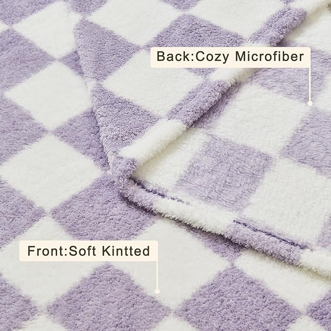 EMME Checkered Blanket Queen Size - 80"x90" Lavender Knit Blanket Soft Fluffy Patterned Throw Blankets for Couch, Sofa, Chair, Bed, Camping, Picnic, Travel