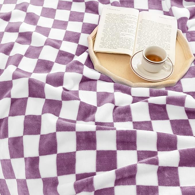 LOMAO Throw Blankets Flannel Blanket with Checkerboard Grid Pattern Soft Throw Blanket for Couch, Bed, Sofa Luxurious Warm and Cozy for All Seasons (Purple, 40"x60")