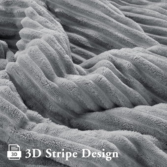 LBRO2M Striped Sherpa Fleece Bed Blanket Queen Size, Super Soft Fuzzy Plush Warm Cozy Fluffy Microfiber Couch Throw Velvet Double Reversible Luxurious Blankets (90x90),Grey