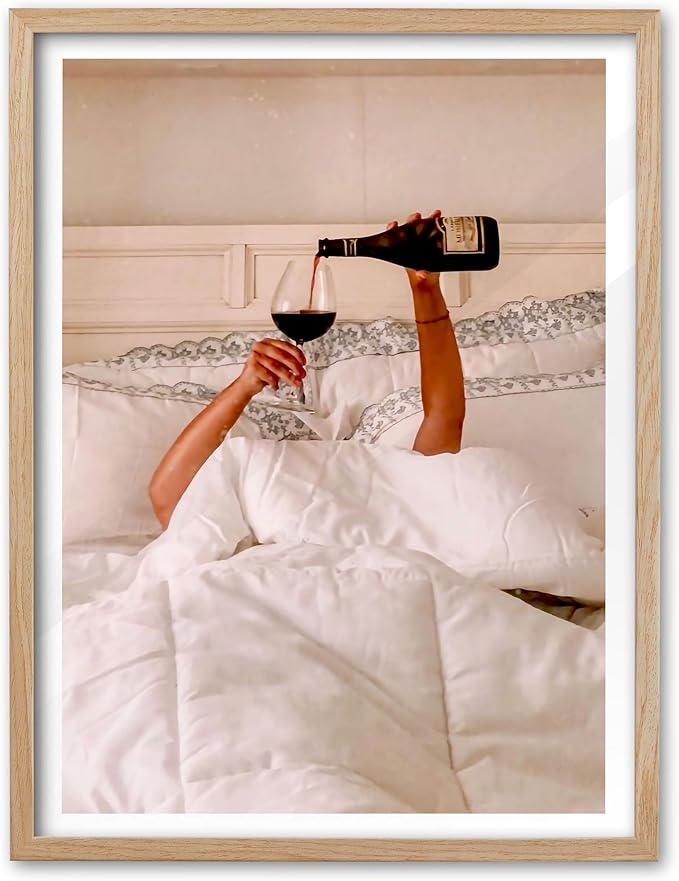 EcoHest Woman Drinking Wine in Bed Framed Wall Art, 12x16 in OAK Wood Feminist Alcohol Canvas Art, Trendy Teen Girl Bar Cart Print College Room Decor, Beige Logs Set of 1 For Bedroom Living Room