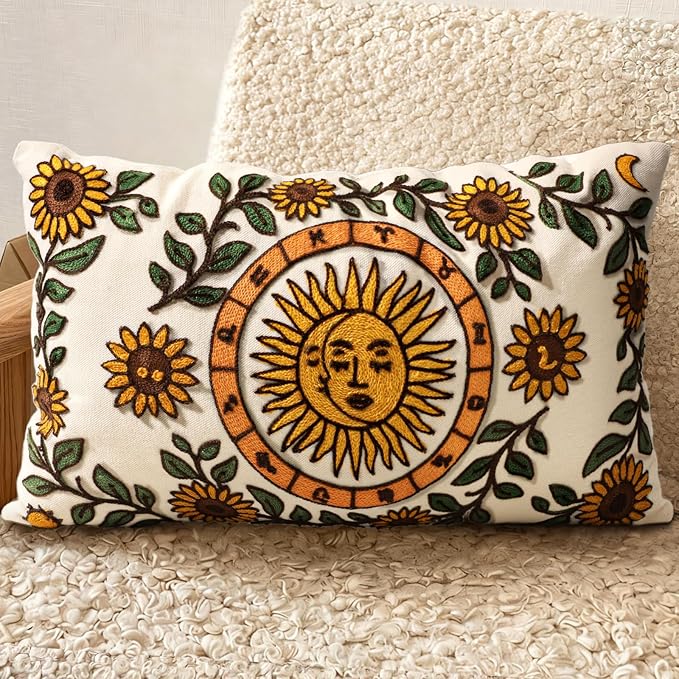 Embroidered Lumbar Pillow Cover 20x12 Inch - Spring Summer Boho Decorative Pillow Cover with Zipper for Living Room Couch Sofa Bed Aesthetic Design Sunflower Moon Cushion Pillowcase