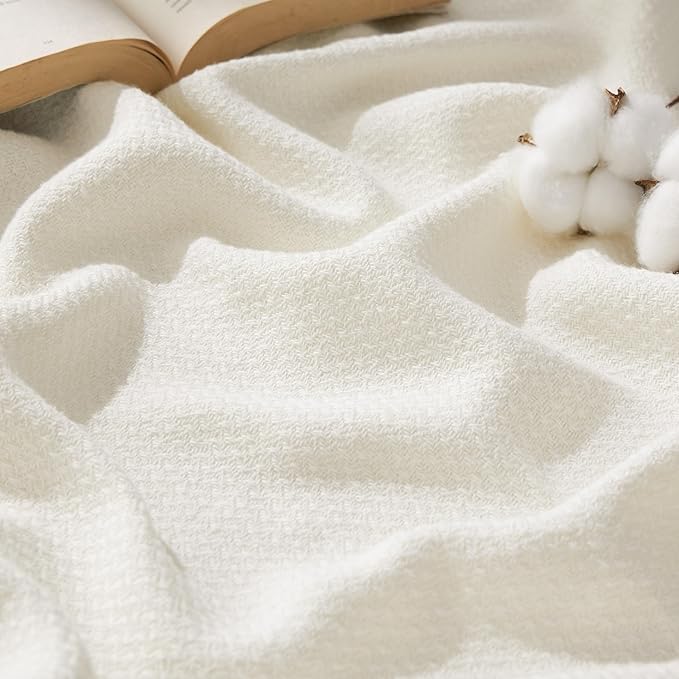Bedsure GentleSoft 100% Cotton Large Throw Blanket for Couch 50x70 inches - Breathable and Lightweight, Soft Cozy Herringbone Woven Cotton Throw for Summer, Cream Office Chair Blanket