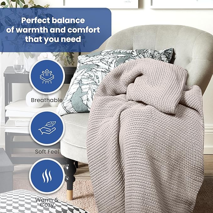 Linteum Textile Supply Leno Weave Taupe Blanket, Twin 100% Cotton, Lightweight, Warm, Fluffy, Premium and Durable Soft & Cozy Bed Blanket for Home, Couch, Sofa & Dorm, All Season Throw [66x90]