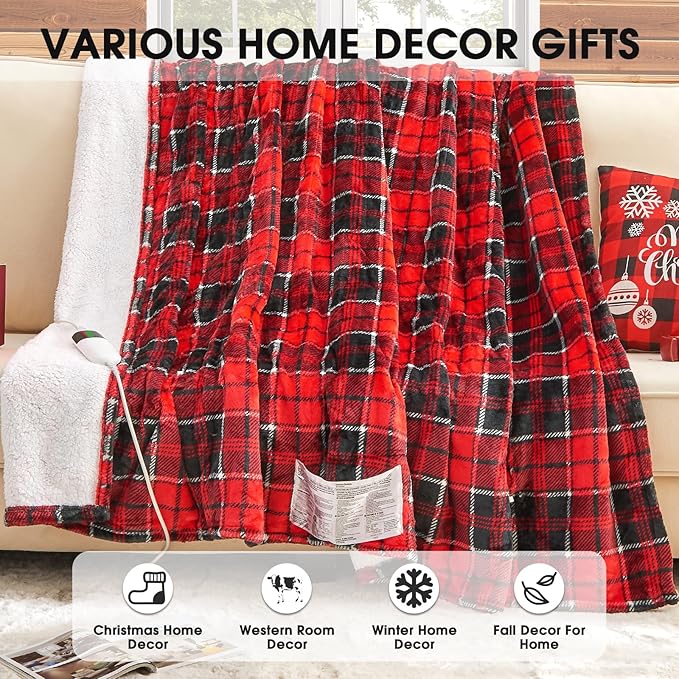 Heated Electric Blanket Twin Size,62X84 Heating Blanket,Red Plaid Soft Sherpa Blankets Warmer Gift for Grandma Women Adult,Fast Heating Washable